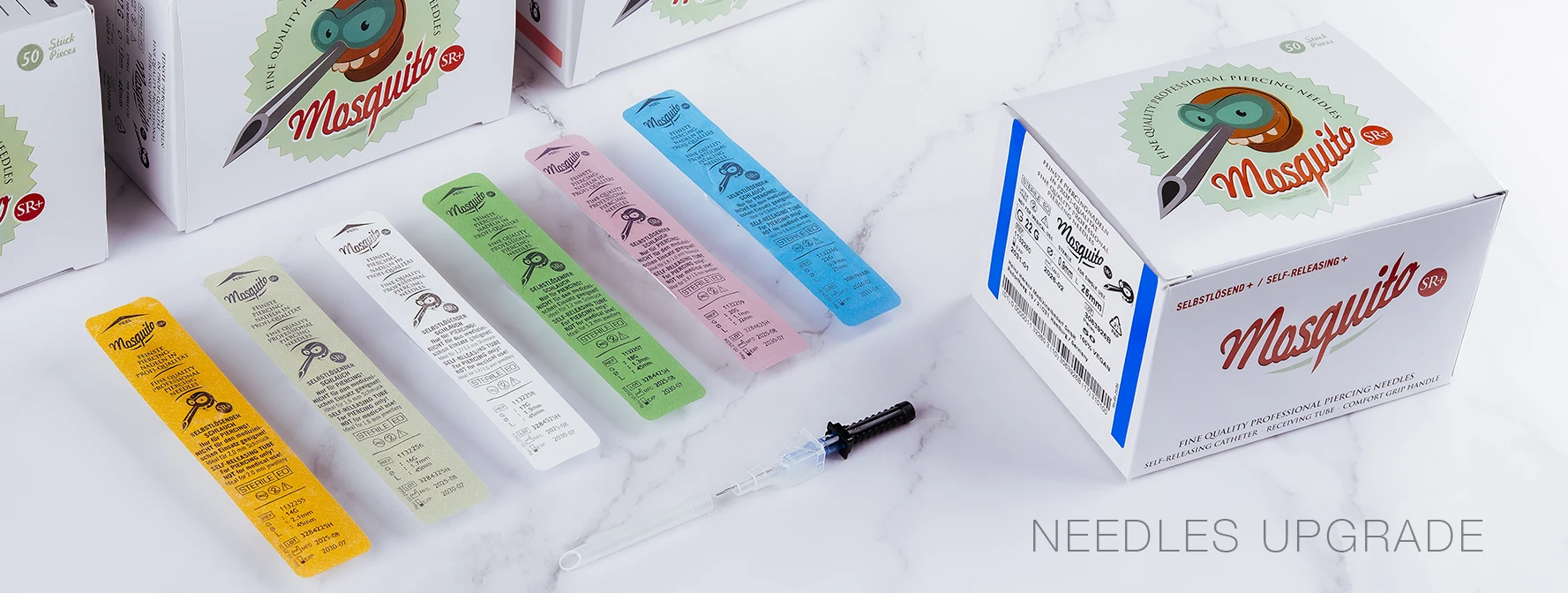 Mosquito SR+ self-releasing needles in colour-coded sterile packs with box of 50